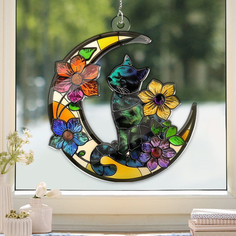 Boxcasa Black Cat Decor On Blue Moon Suncatcher Decoration,Cat Memorial Stained Glass Window Hanging Ornament,Cat Lovers Loss Sympathy Gifts,Pet